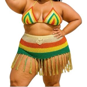 SHEIN Plus Crochet bikini top & Fringe Skirt Rasta Colors Adjustable Set 1X-3X